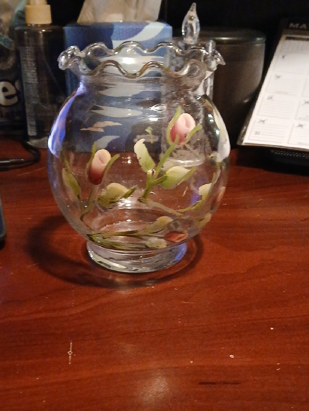 Hand-Painted Glass Floral Vase - Pink & Green Accent